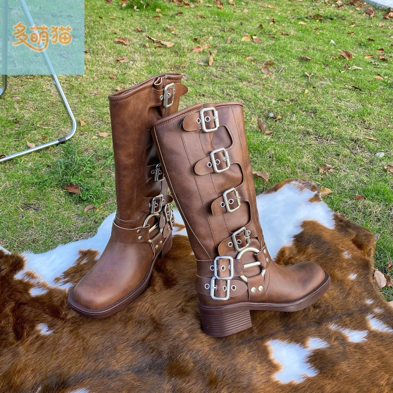 皮带扣复古高筒靴时装靴女靴子新款长筒靴粗跟西部靴增高皮靴