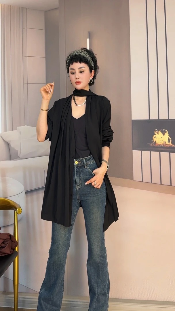 设计感廓形荡领衬衫长袖宽松时尚复古