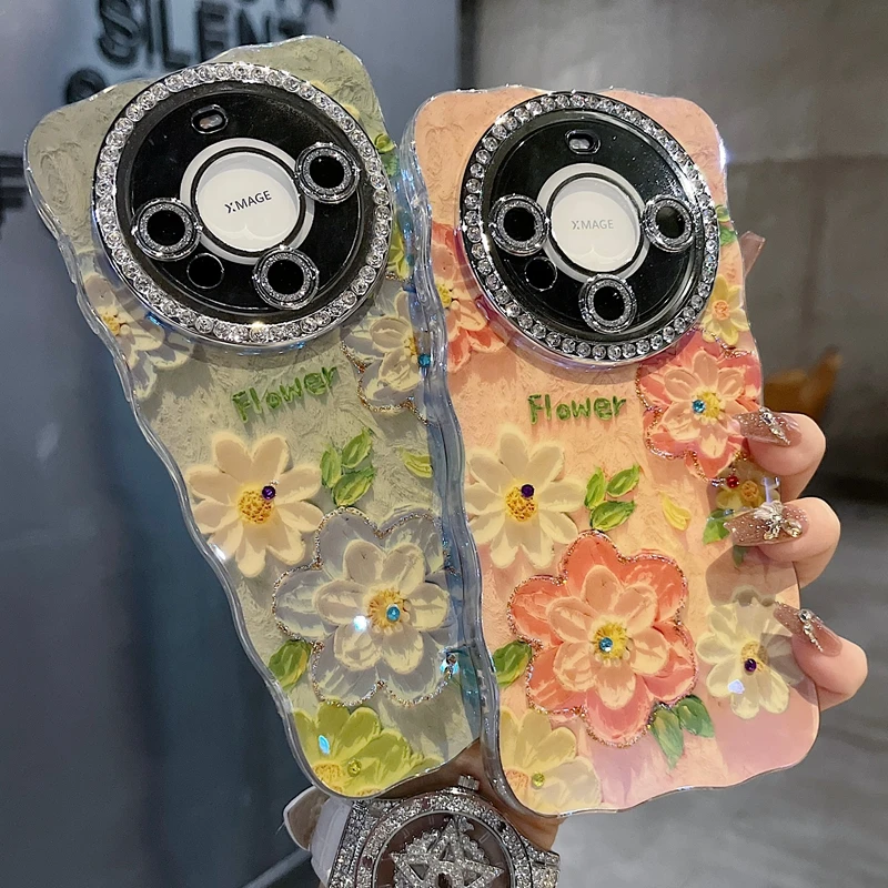 适用华为mate70系列苹果新款手机壳粉白油画花全包满钻精孔镜框