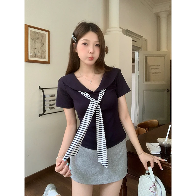 微胖mm大码海军领条纹修身显瘦短袖T恤女夏季新款小众不撞衫上衣