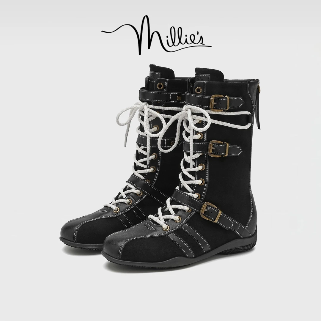 MILLIE'S/妙丽复古马丁靴女2025秋季新款真皮系带运动鞋厚底中靴