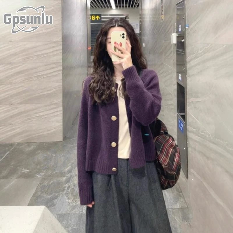 gpsunlu超好看紫色毛衣开衫女新款秋冬季慵懒高级感宽松外套上衣