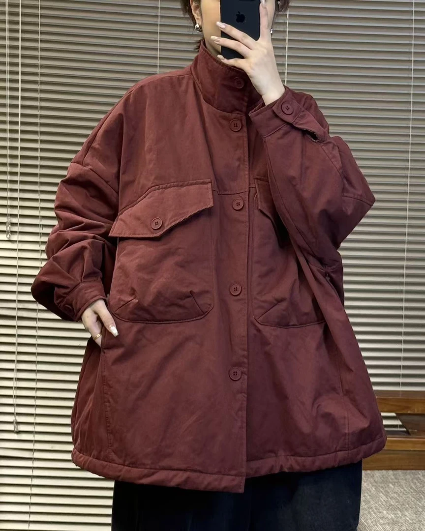 2025秋冬新款小立领对称大口袋休闲韩版时尚减龄棉服外套女