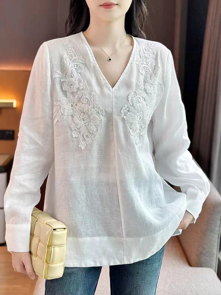 【将军工厂店】女装春季潮流春夏复古宽松亚麻白衬衫Q24-12