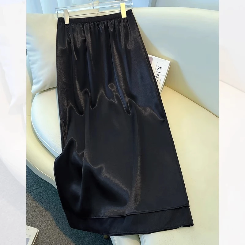 黑色醋酸网纱拼接半身裙女夏薄款2025新款缎面垂坠感a字包臀裙子