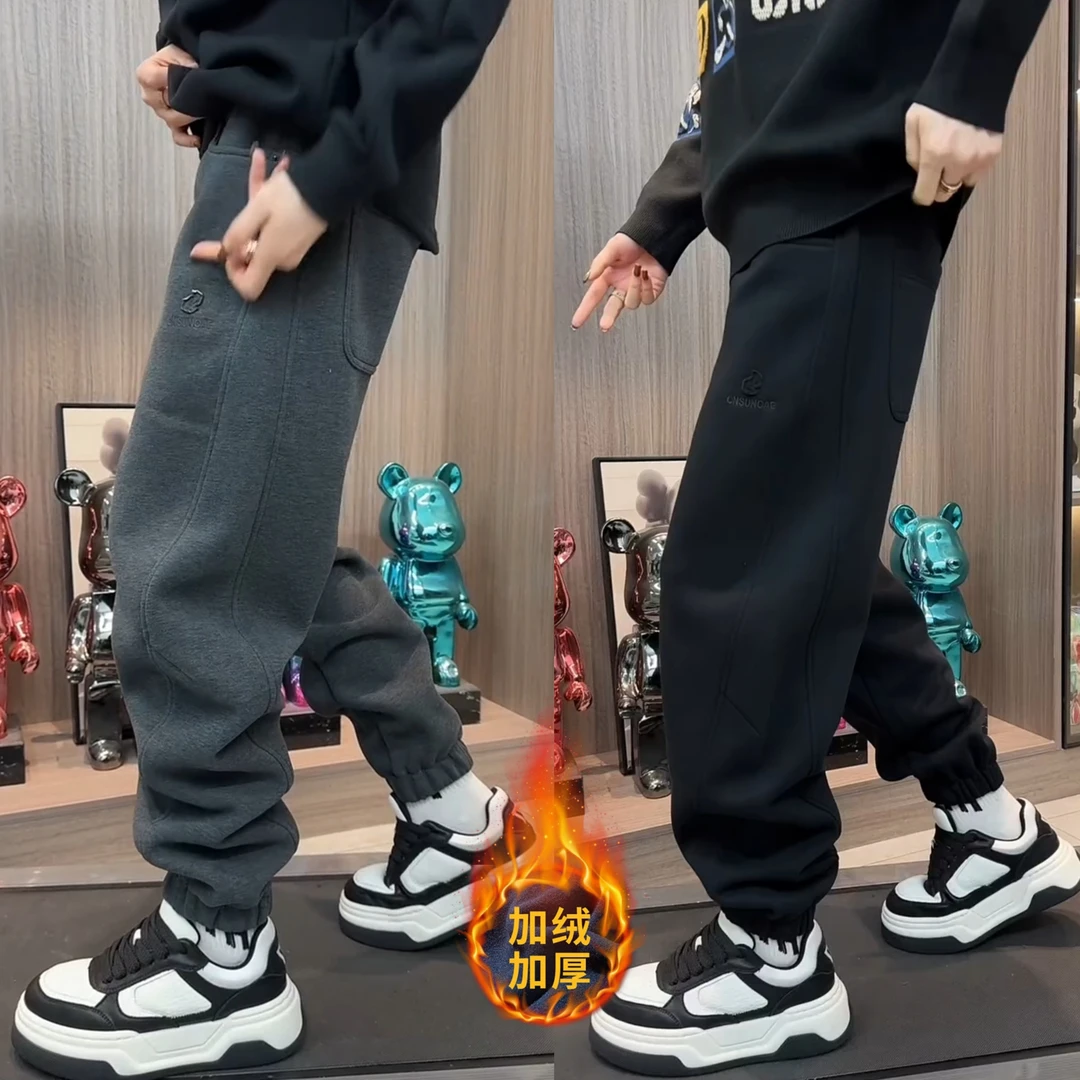 2025冬季加绒保暖休闲运动卫裤男高档磨毛加厚宽松百搭束脚哈伦裤
