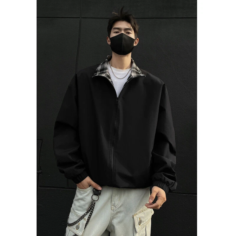 美式高街vibe格子翻领棒球服外套男春季潮牌cleanfit飞行教练夹克