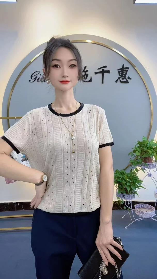 夏季镂空短袖女薄款拼色毛针织衫春夏气质宽松复古风