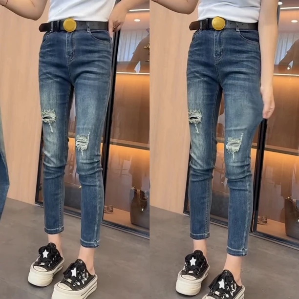 x88317高腰弹力假破洞小脚牛仔裤女秋季新款修身显瘦九分铅笔裤子