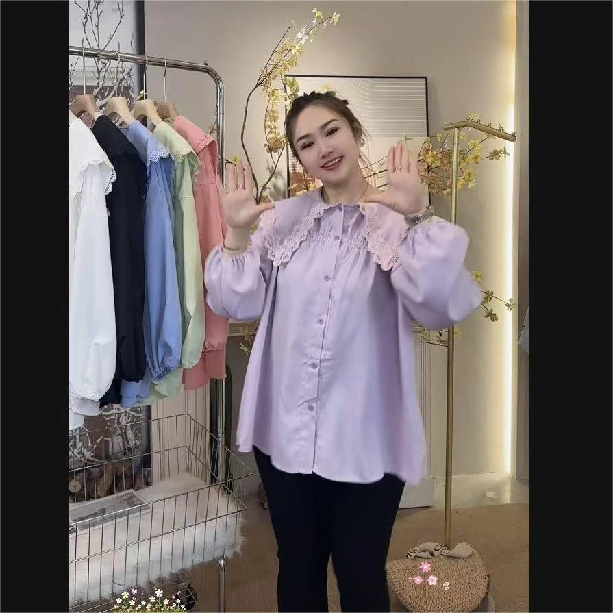 「少女心事」东东家*1129大码新款娃娃领百搭拼接甜美宽松显瘦衬衫