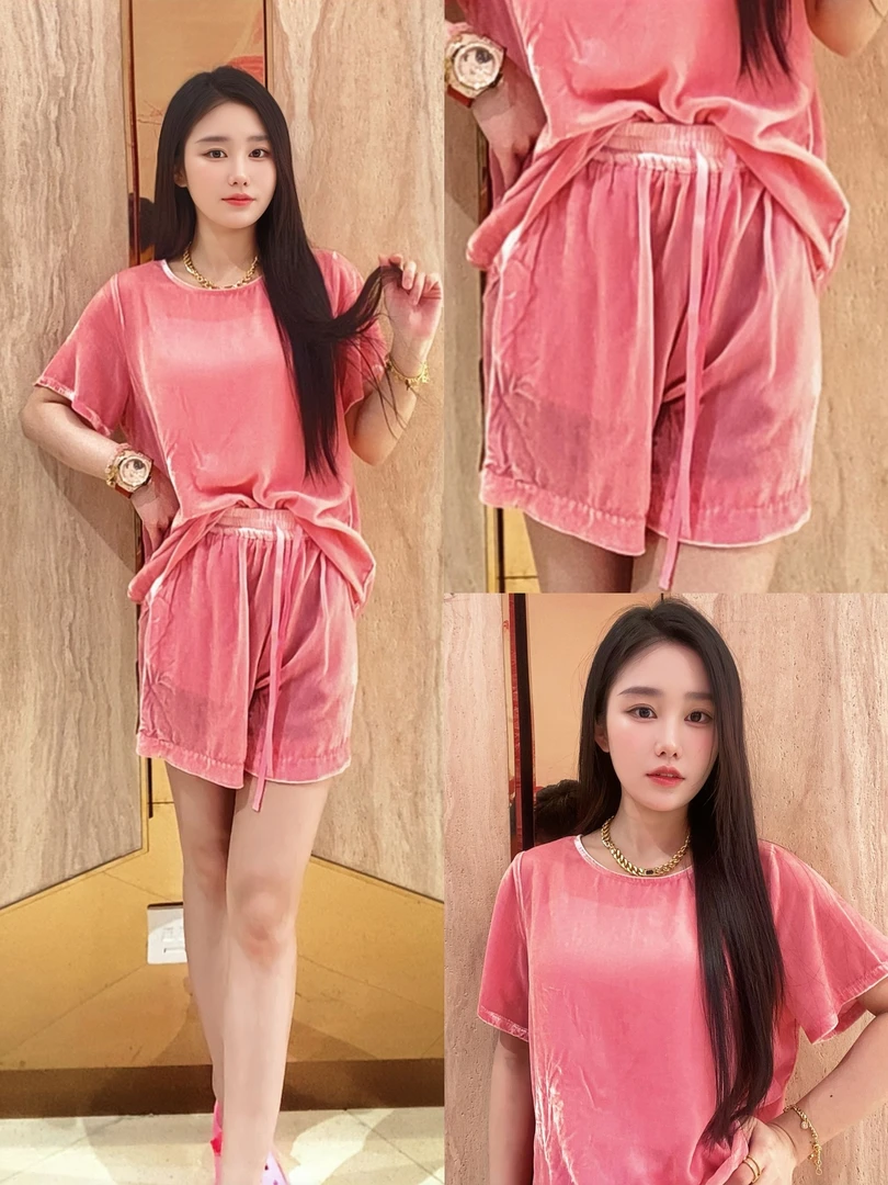 【锁锁定制】高档丝绒T恤牛仔短裤套装夏季夏装上衣休闲宽松短袖