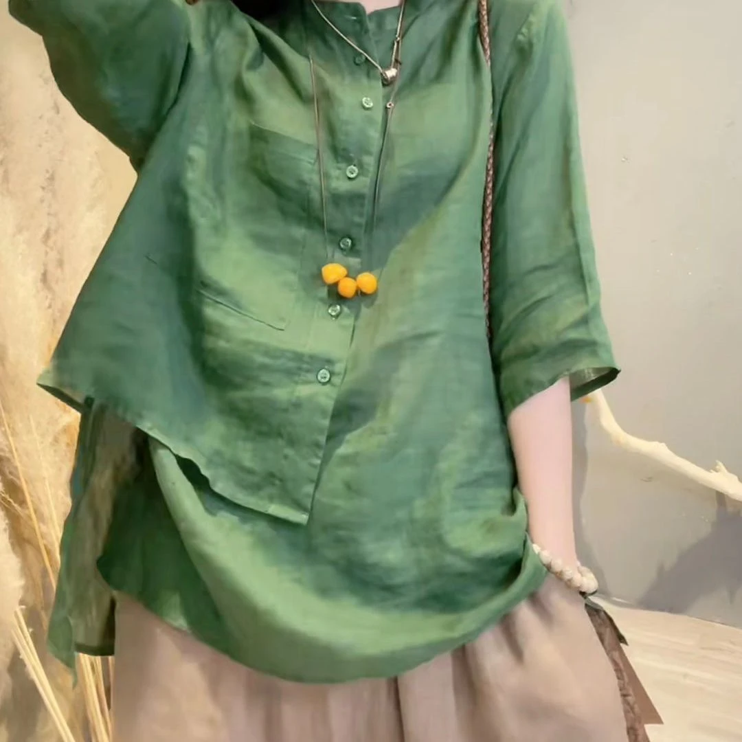 2025衬衫女夏季新款复古设计感小众七分袖宽松遮肚显瘦薄款上衣女