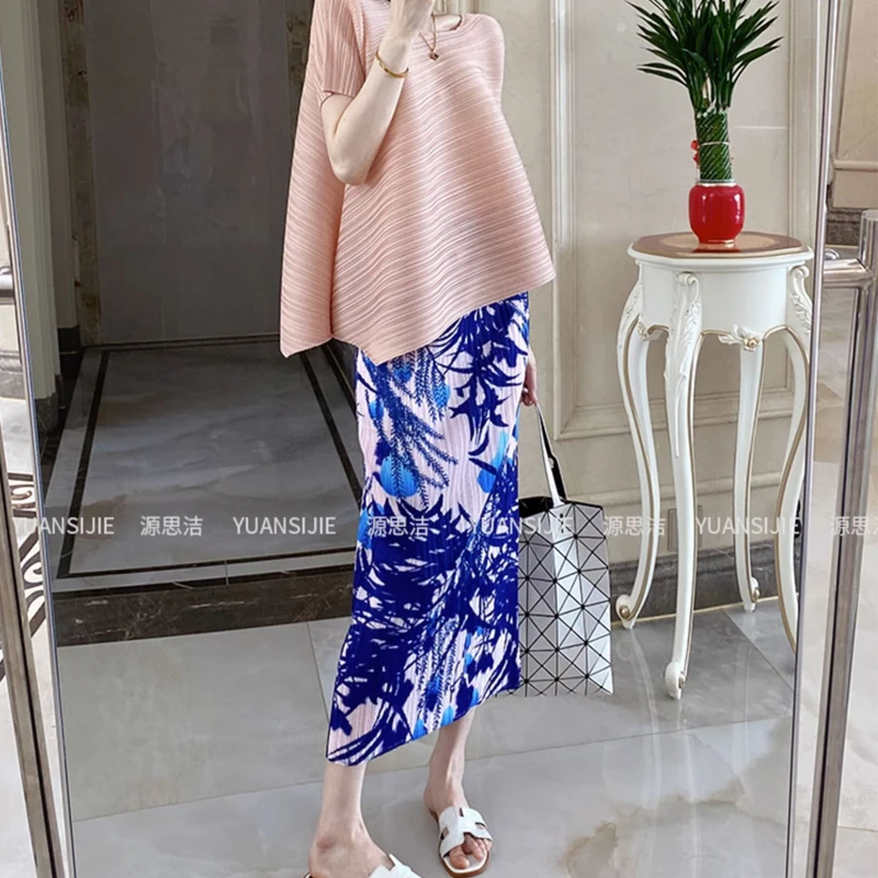 开叉褶皱半身裙女春夏高腰显瘦修身气质款中长裙松紧腰直筒百褶裙