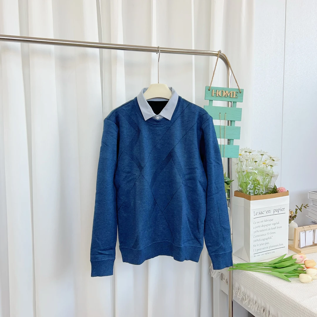 H男士提花保暖针织衫内里加绒假两件  蓝色155