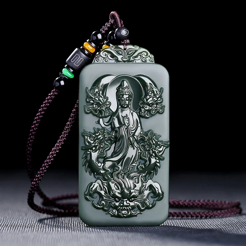 新疆和田玉九龙护主观音吊坠男士款天然玉石玉佩墨塔青一细料玉牌