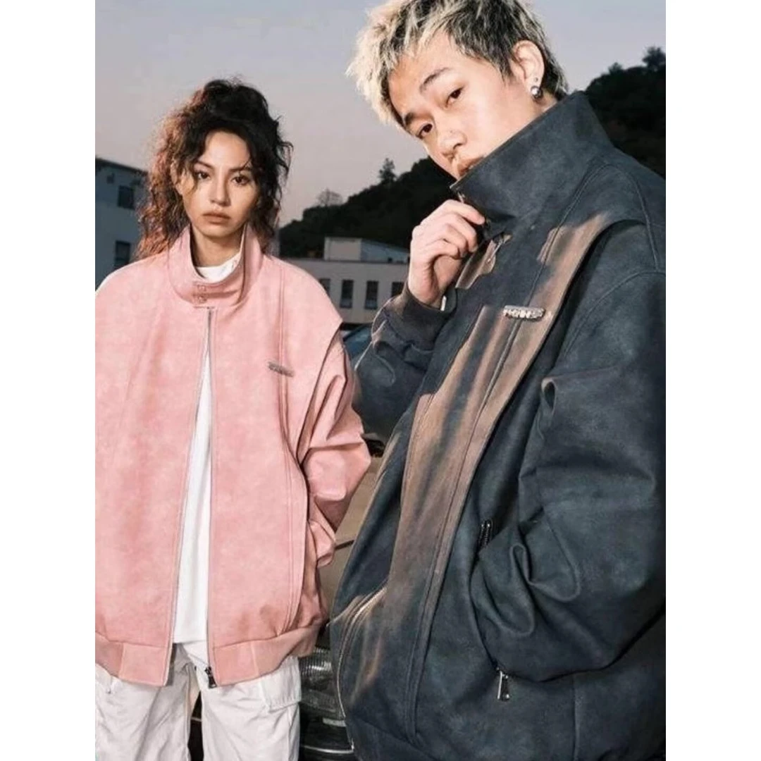 独特风格感水洗牛仔外套男女个性短款破边垫肩立领夹克酷帅时尚in