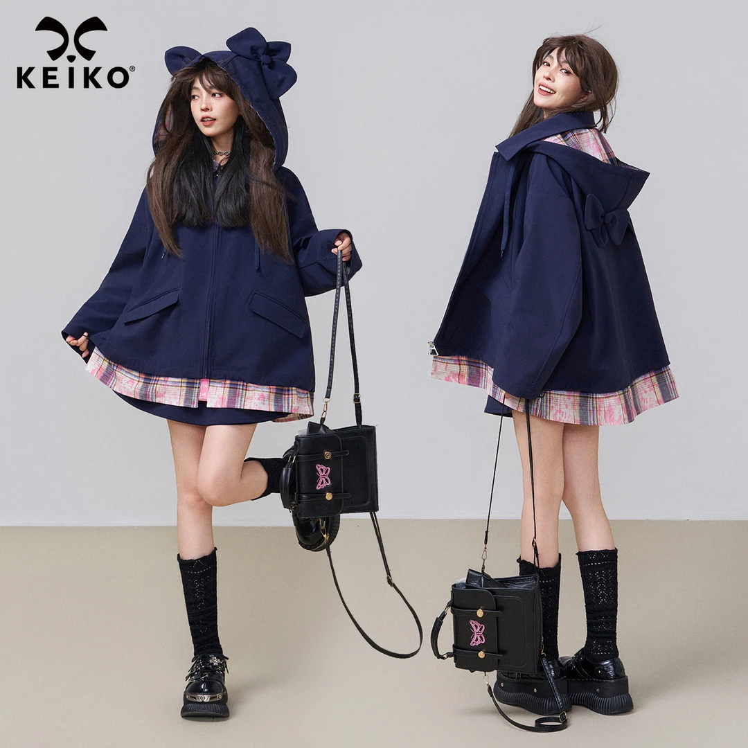 KEIKO [高密/防水] 藏青色连帽外套秋冬韩系设计感格纹拼接冲锋衣