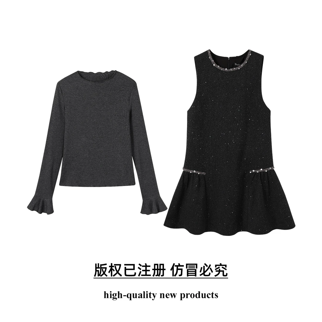 奢姿大码女装2025冬季胖妹妹时尚拼接亮片设计亮钻装饰针织套装