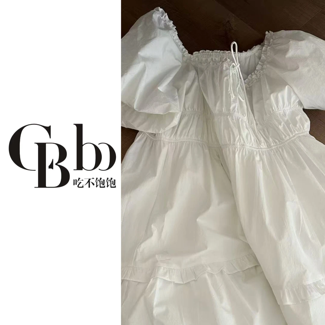 【吃不饱饱】大码 隐藏款 泡泡袖一字肩度假风连衣裙5420