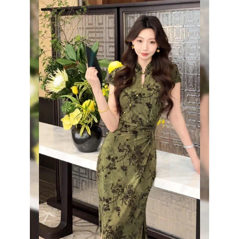 你的战袍~新中式复古绿色碎花改良旗袍漂亮收腰温柔后妈复古裙