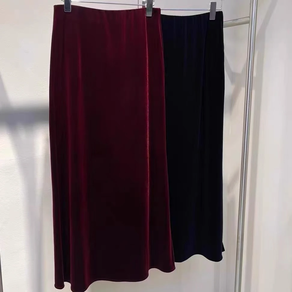 丝绒百搭通勤A字松紧腰中长款半身裙女-98