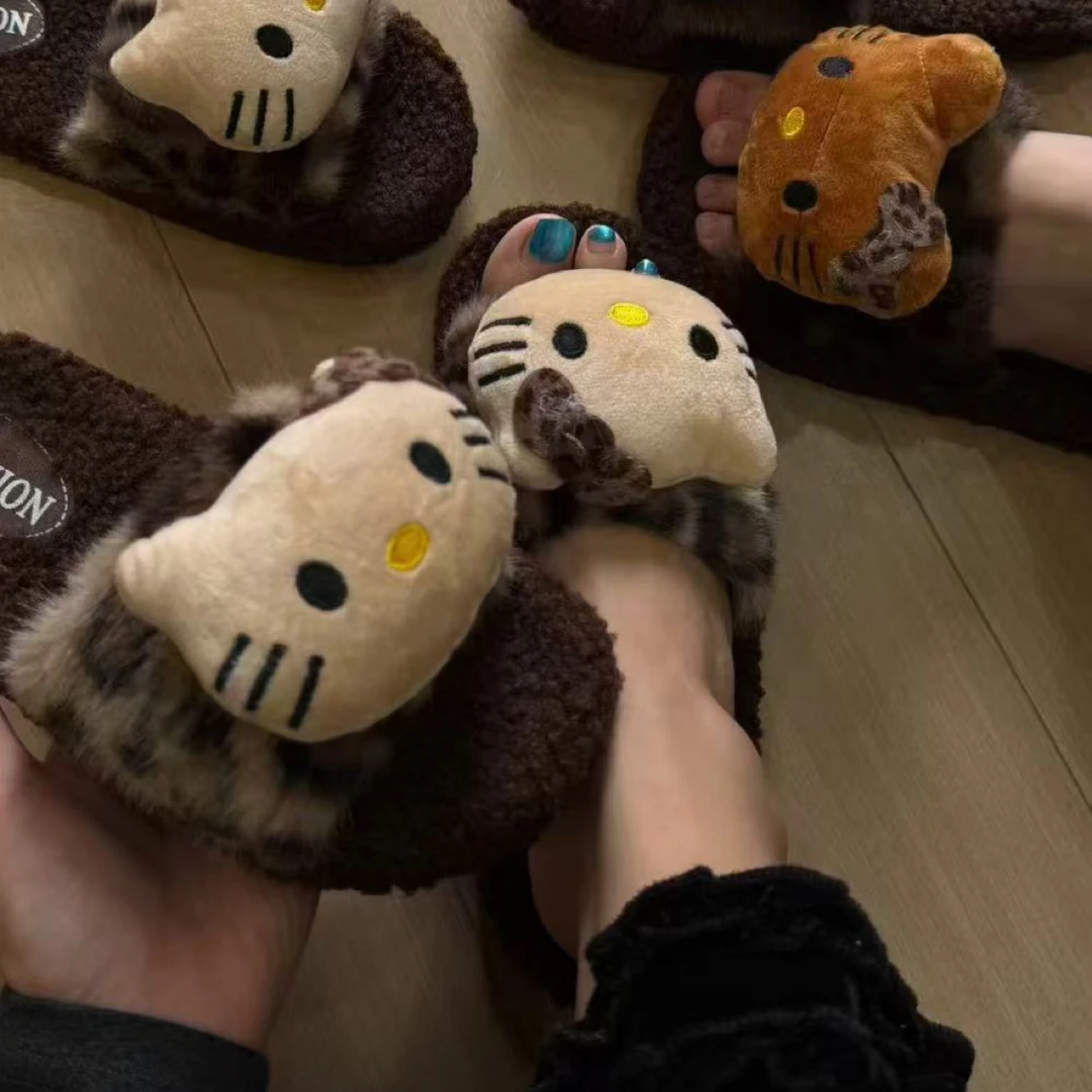 可爱豹纹KT猫毛毛拖鞋女生秋冬季外穿保暖防滑居家棉拖