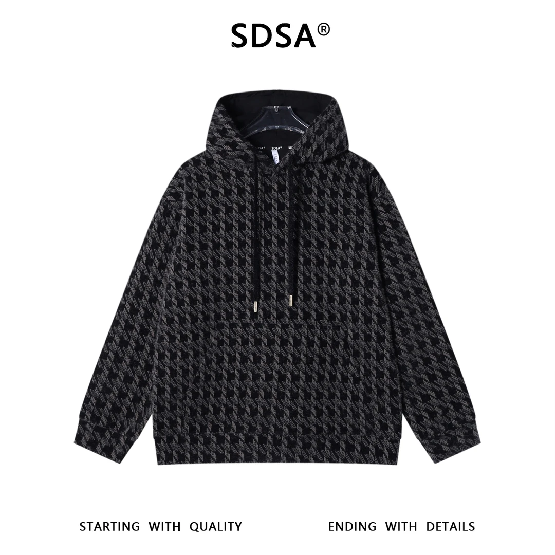 SDSA男士秋冬新款痞帅男装潮牌绒毛撞色格子抽绳连帽卫衣百搭时尚