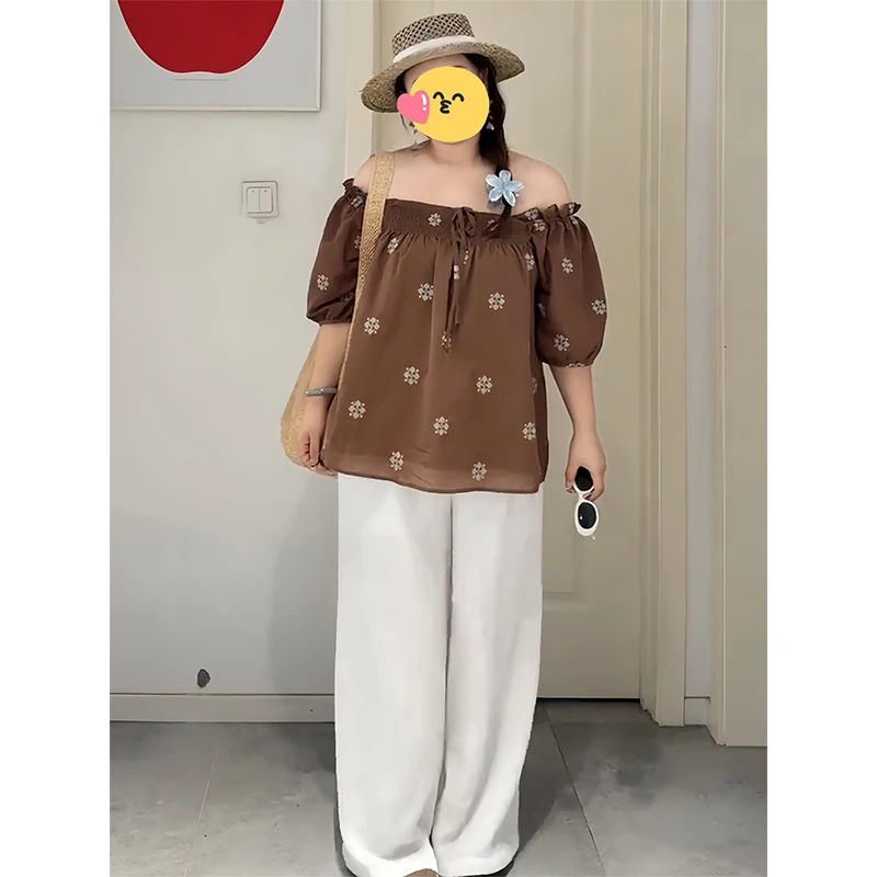 大码法式一字肩泡泡袖衬衫女夏季新款胖MM刺绣短袖设计感显瘦上衣