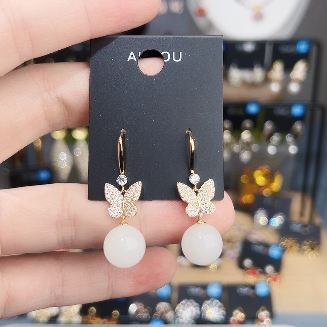 锆石铜合金925银阿豆家金色猫眼蝴蝶耳挂