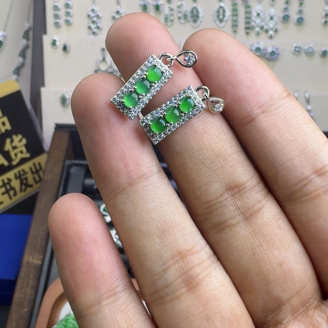 翡翠银S925镶嵌耳饰8742