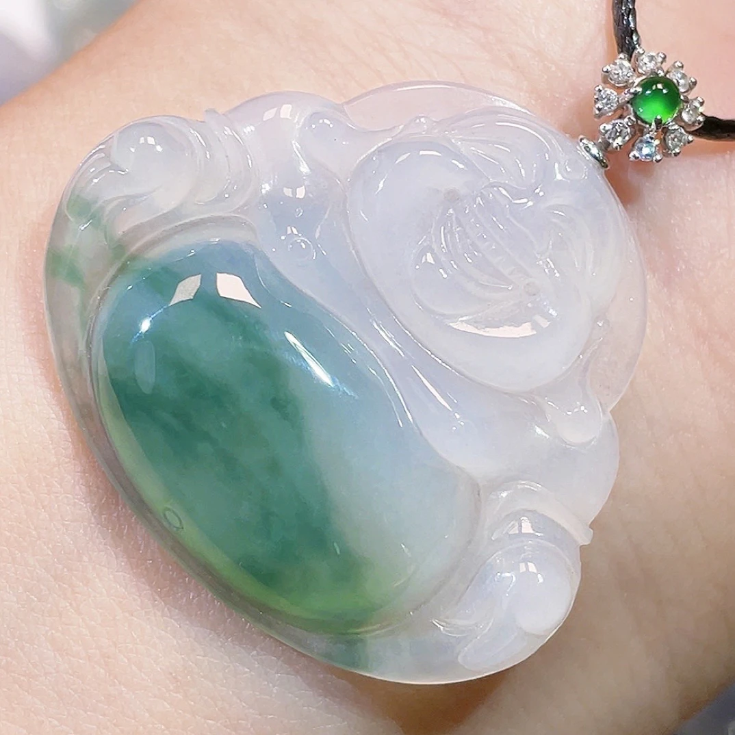 缅甸翡翠冰飘花大件佛公吊坠