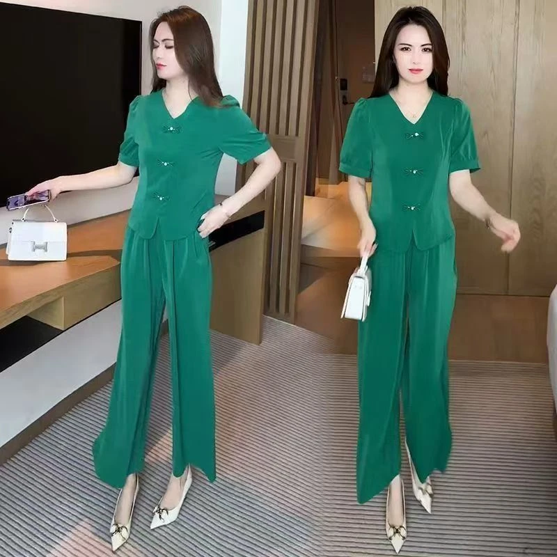 【套装】新中式冰丝套装女夏季新款洋气显瘦盘扣短袖阔腿裤两件套