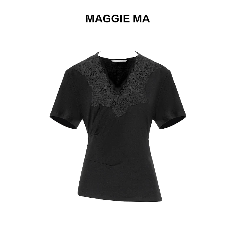 MAGGIE MA马婧设计师款黑白色精致蕾丝休闲T恤192S/180S