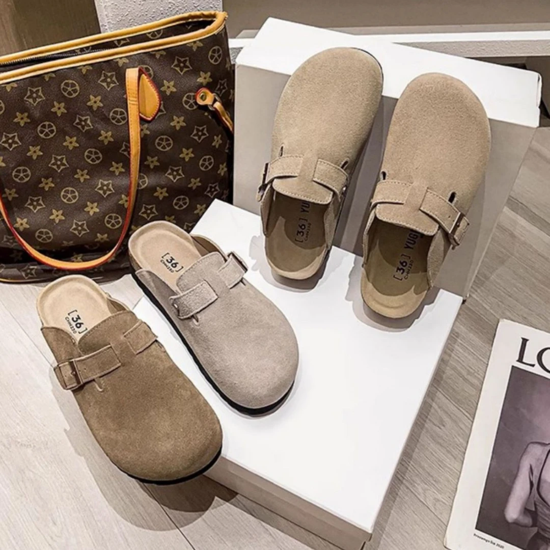 【栗子家】4cm 真皮秋冬季新款休闲纯色浅口包头拖厚底平底皮拖