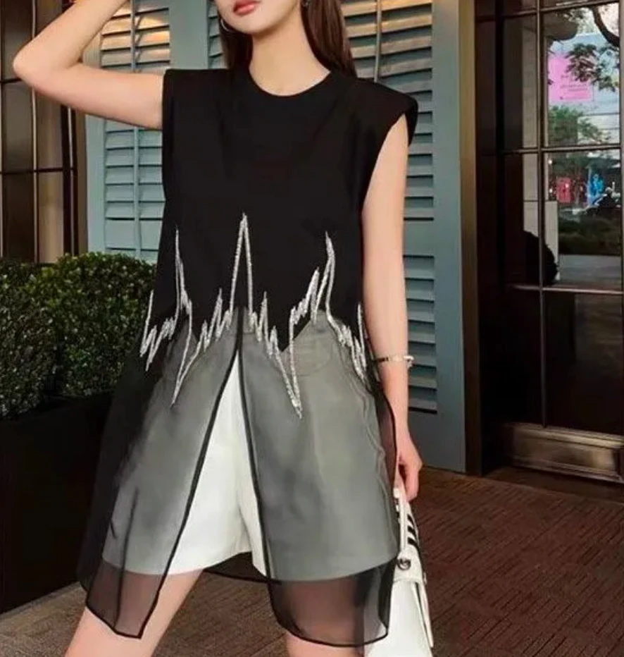 欧洲站重工砍袖亮片拼接欧根纱洋气小衫