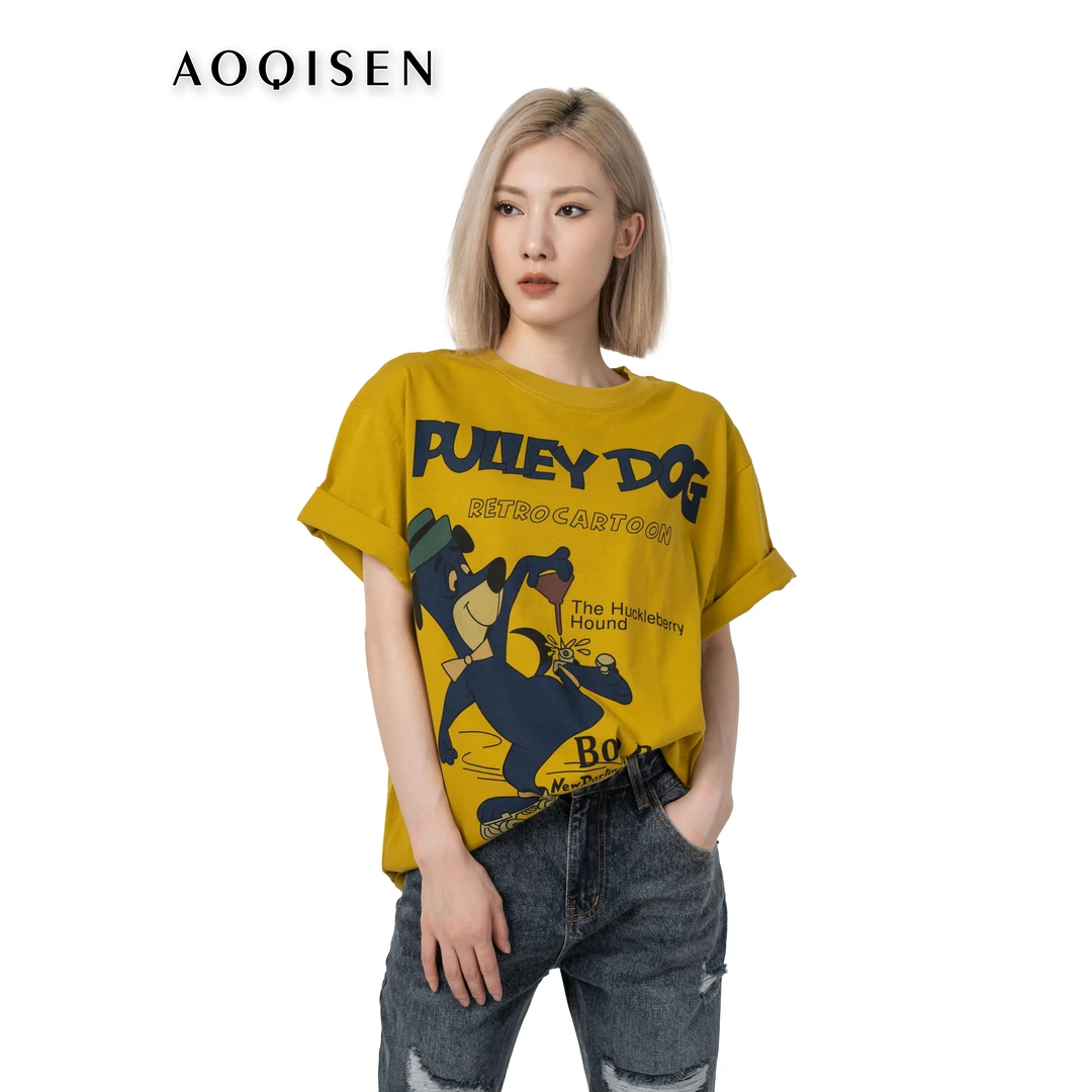 2352-SZ休闲宽松夏款棉女士夏装T恤夏季时尚圆领做旧印花女短袖