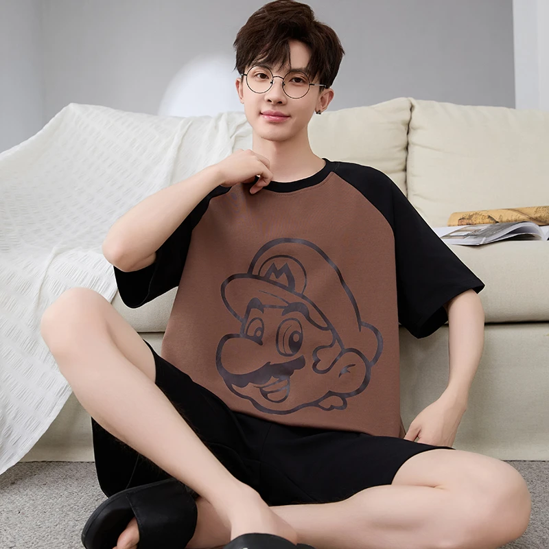纯棉男士睡衣2025新款夏季卡通短袖短裤休闲青少年家居服薄款套装