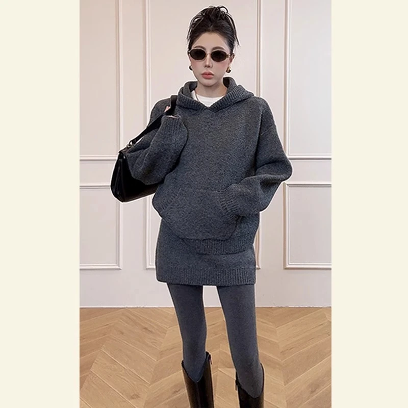 韩版针织裙套装女秋冬高级感新款连帽加厚上衣+半身包臀裙两件套