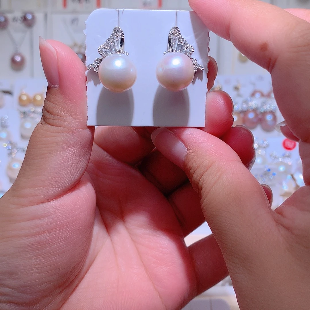 淡水珍珠银S925镶嵌耳饰CC12mm