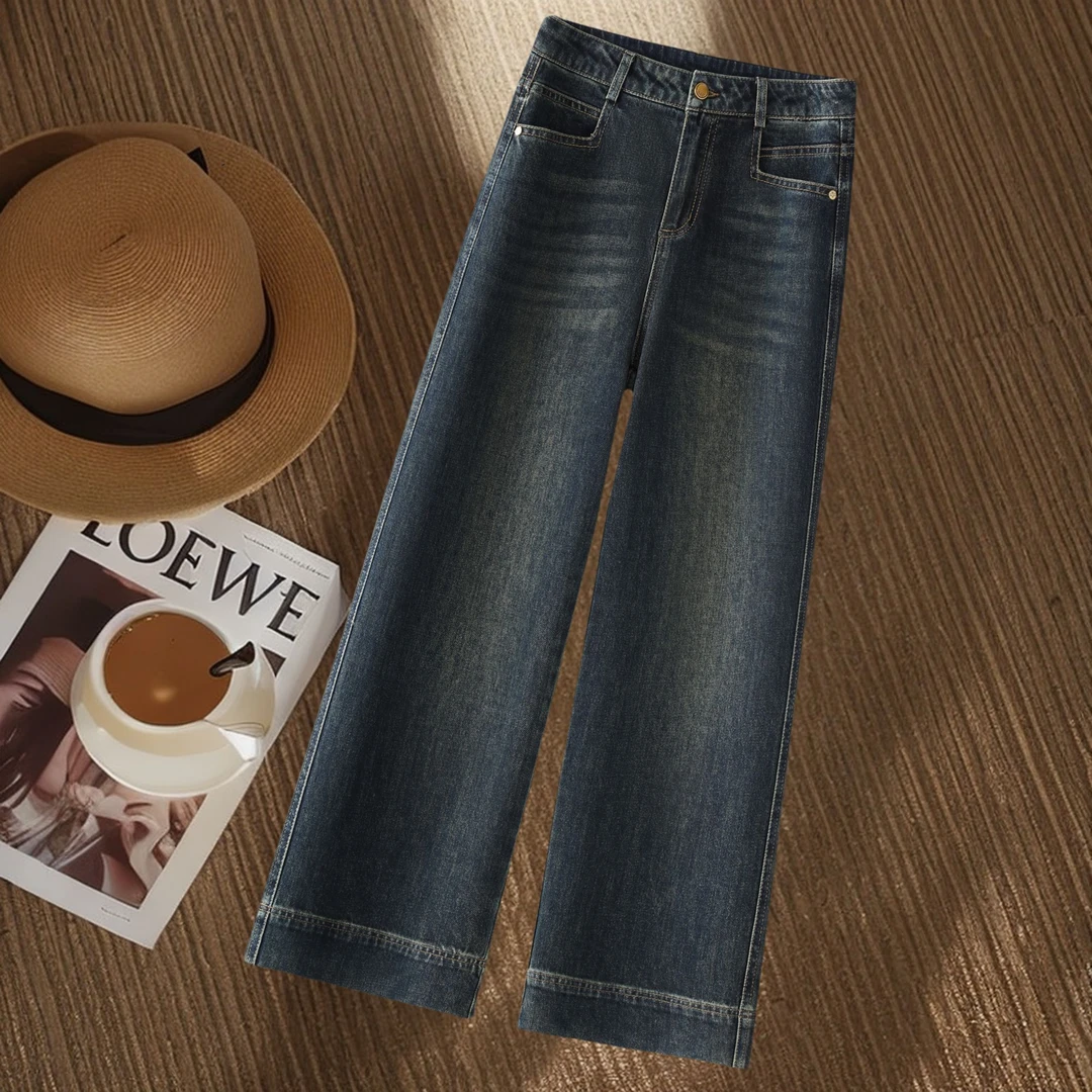 丹宁色牛仔裤女2025春季新款高腰小个子直筒裤显瘦百搭窄版阔腿裤