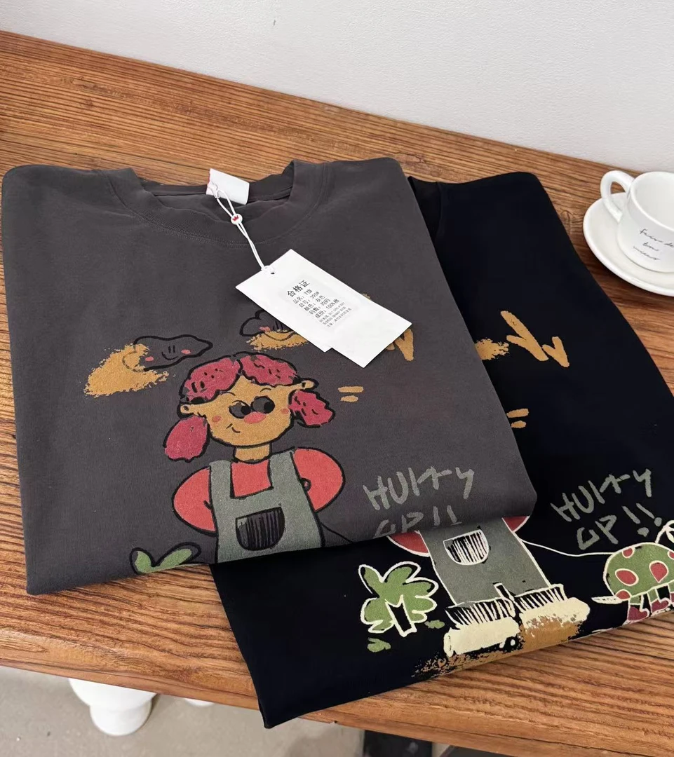 【编码100-199】大版女装宽松慵懒中长款卡通印花纯棉短袖T恤女长袖