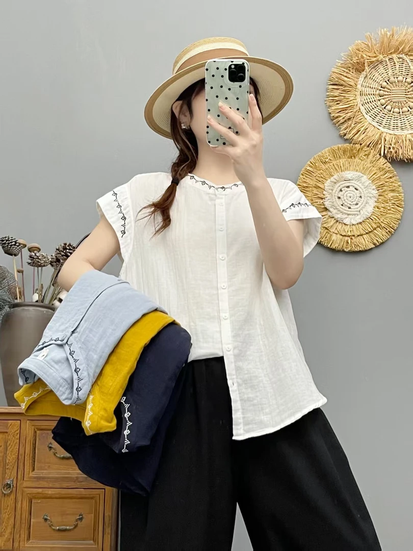 2025夏季新款圆领刺绣小飞袖棉纱衬衫休闲百搭上衣女895