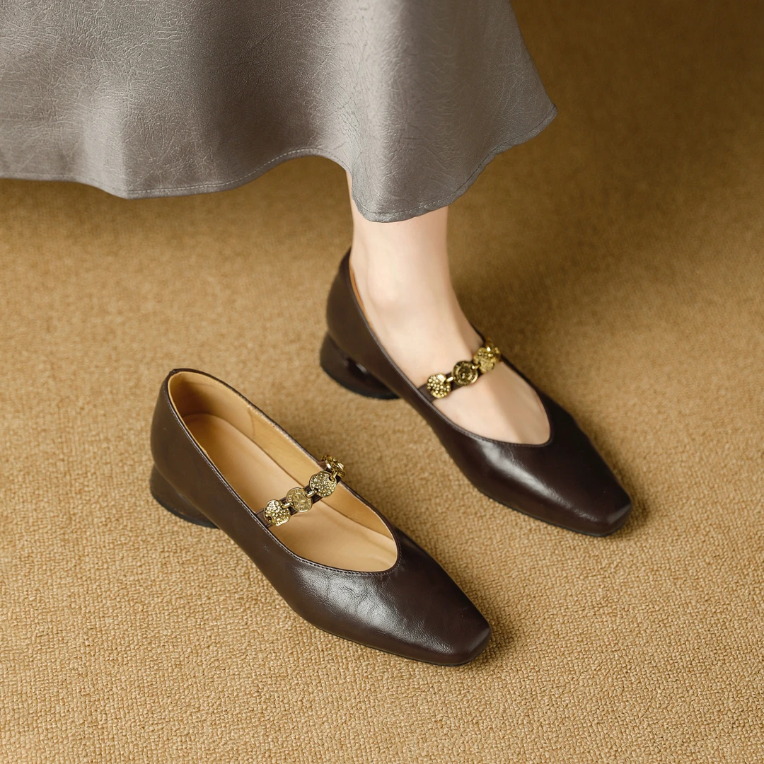 真皮方头金币链玛丽珍鞋女2025新款复古法式舒适百搭低跟粗跟单鞋