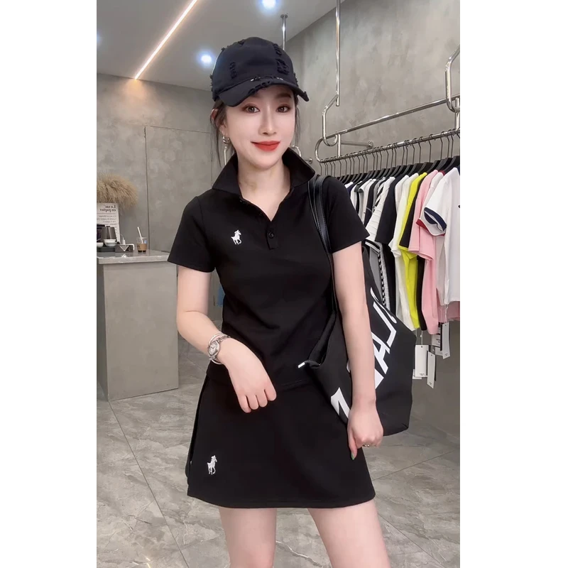 夏季新款小马刺绣纽扣polo领短袖T恤搭配高腰短裙套装女