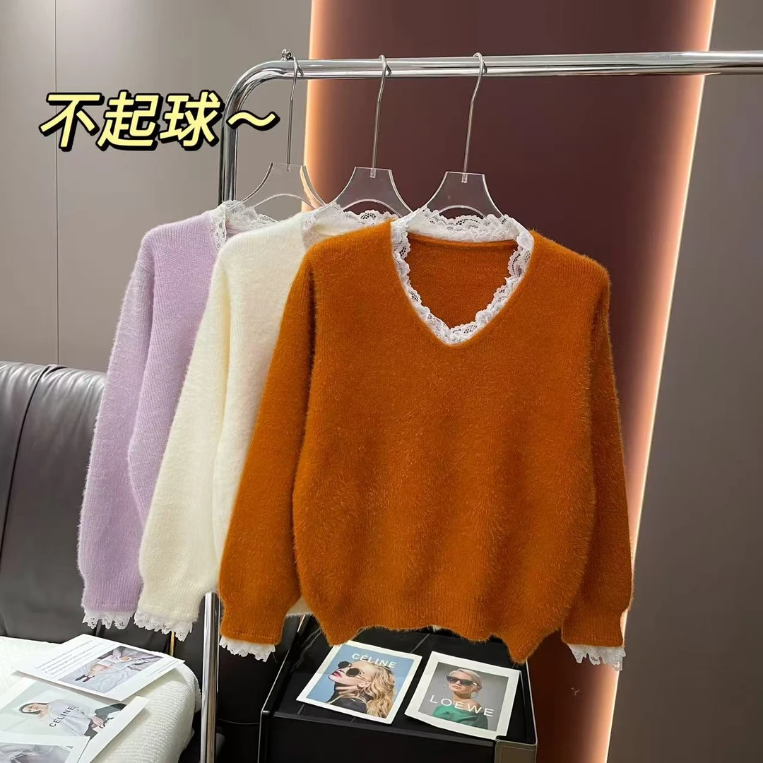 不起球 纯欲风超美蕾丝拼接V领毛衣女甜美针织衫上衣