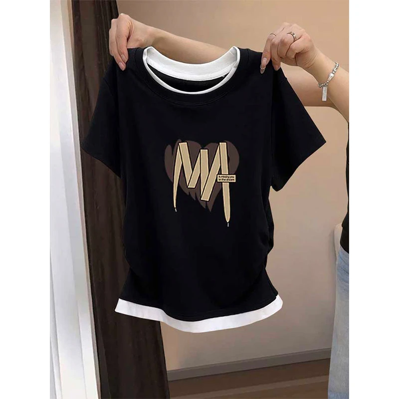 设计感假两件短袖t恤女收腰黑色上衣修身显瘦体恤2025新款夏季潮