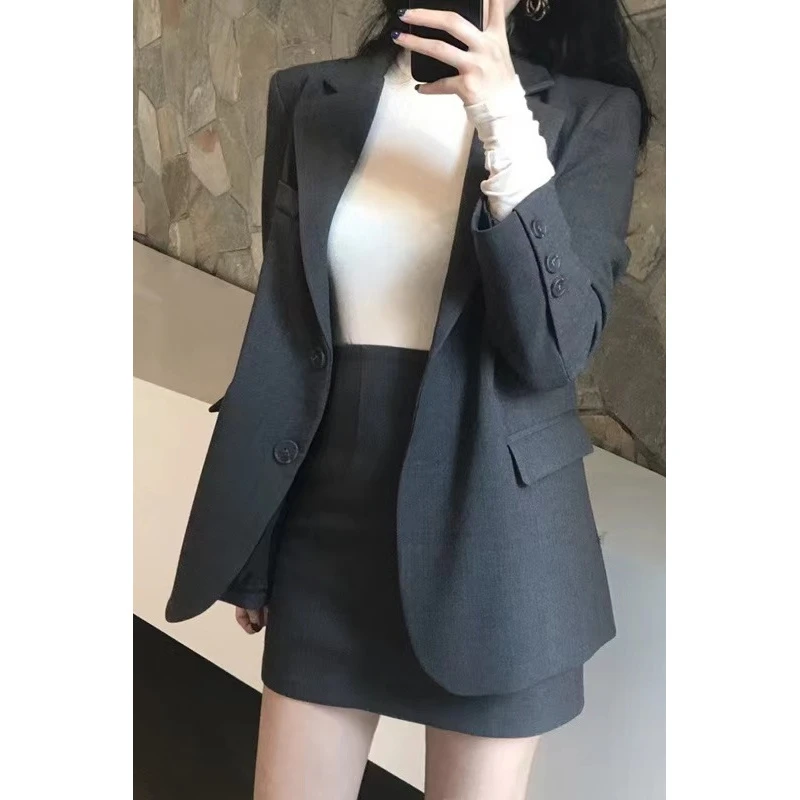 韩版ins2025春秋修身小西服套装女 西装领上衣高腰半身短裙两件套