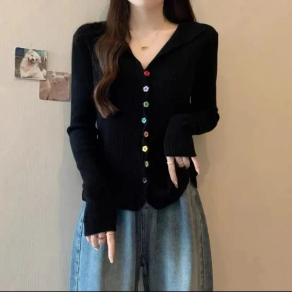 9219#韩系半开领彩虹扣长袖针织衫新款修身显瘦设计感内搭上衣