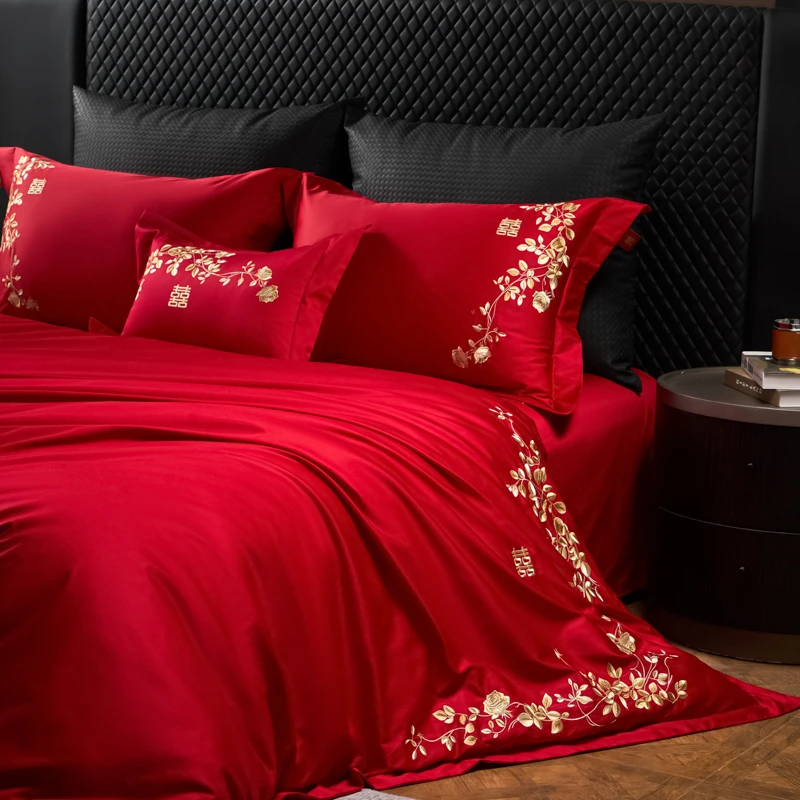 100S全棉高端刺绣红色四件套100%纯棉长绒棉结婚新婚备婚婚庆