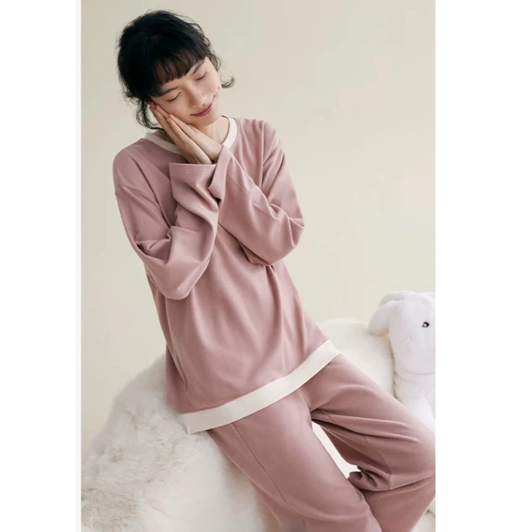 睡衣女冬季新款德绒长袖长裤时尚韩版减龄休闲家居服（粉色假两件）